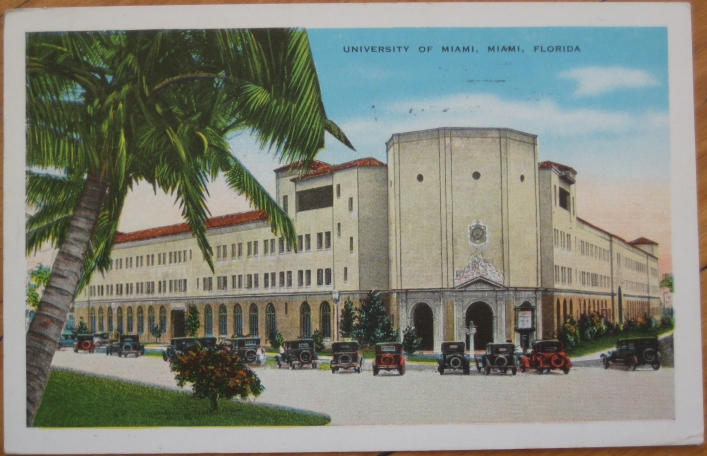 1937 Postcard Cars & University of Miami, Florida FL  